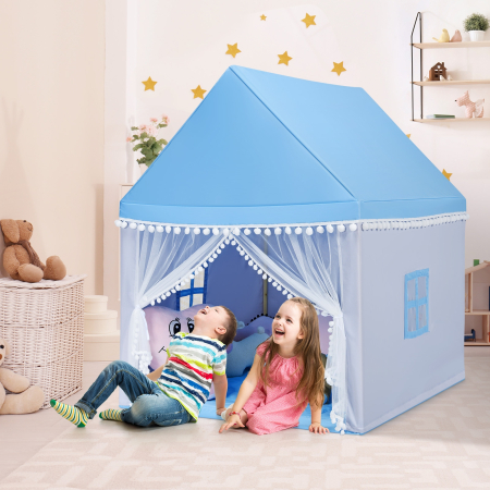 Casa con Forma de Carpa con Espacio Privado para Niños con Sólida Estructura de Madera y Manta de Algodón Azul 120 x 105 x 140 cm