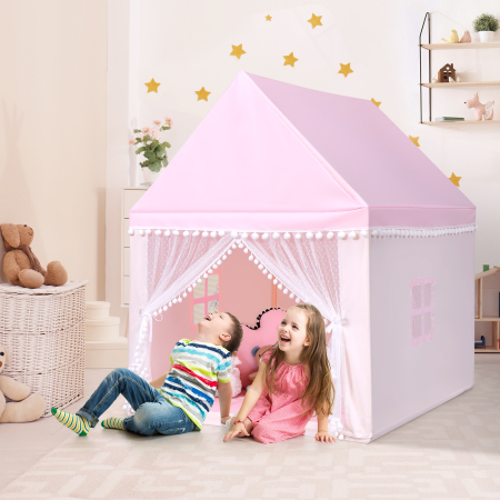 Casa con Forma de Carpa con Espacio Privado para Niños con Sólida Estructura de Madera y Manta de Algodón Rosa 120 x 105 x 140 cm