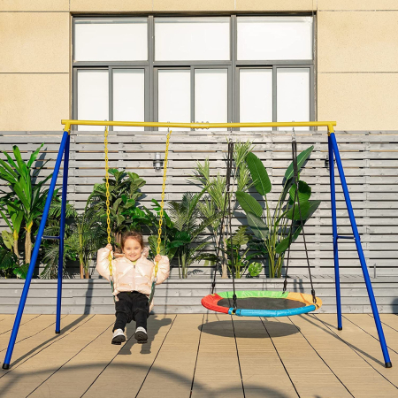 Juego de 2 Columpios Jardin Exterior de Acero Infantil hasta 300 kg con Estructura Cuerdas Ajustables 249x185x181,5 cm