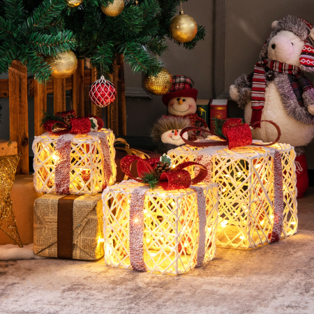 Costway Juego de 3 Cajas de Regalo de Navidad a Pilas con 60 Luces Lazos Rojos Temporizador Decoración Navideña de Interior y Exterior