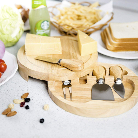 Queso de madera redondo Juego de servicio de tabla y queso Juego de queso Plato Queso Plato de madera y 4 piezas de cubiertos