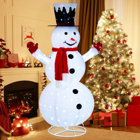 Costway Muñeco de Nieve Iluminado Plegable 186 cm con 200 Luces LED Blancas Frías Decoración de Navidad de Interior Exterior Patio Porche