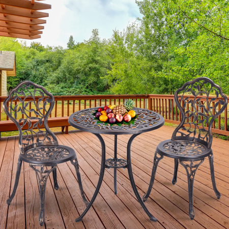 Juego de mesa y 2 sillas de jardín Juego de 3 piezas para exterior en metal color bronce