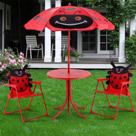 Conjunto de mesa con sombrilla y 2 sillas de jardín plegables para niños rojo