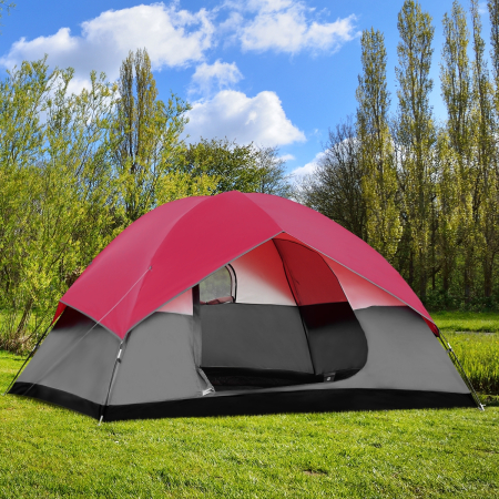 Tienda de Campaña para 5-6 Personas con Paredes en Tejido Impermeable para Camping Exterior Rojo y Gris 300 x 300 x 165 cm