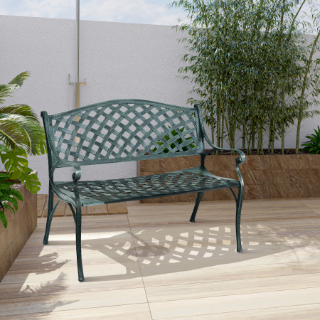 Costway Banco de Jardín en Fundición de Aluminio con Reposabrazos Respaldo Diseño de Rejilla para Patio Pórtico Balcón Césped Verde Antiguo