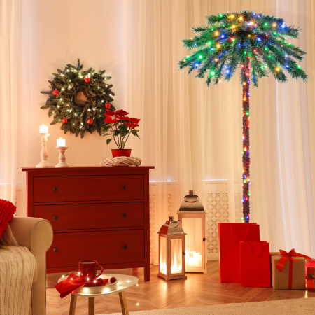 Costway 183 cm Palmera Artificial con 210 Luces LED 64 Puntas de Rama PVC Árbol Decorativo Preiluminado para Navidad