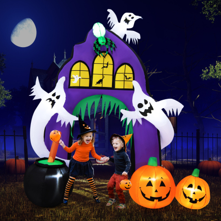 Costway Pasaje de Arco Inflable de Halloween Decoración Hinchable Festiva con Arañas Fantasmas Calabazas Caldera Luces para Patio Césped Fiestas