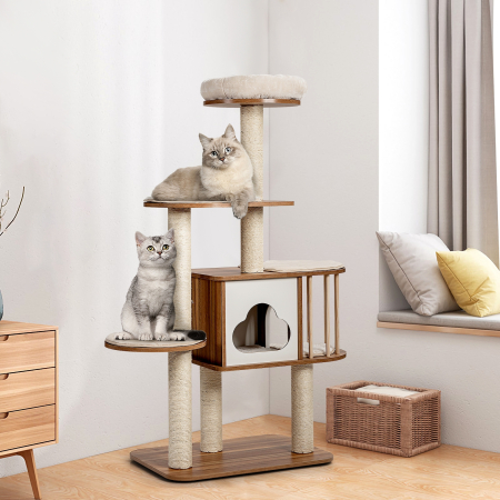 Árbol Actividad Multinivel para Gatos con Rascador de Sisal Posadero Afelpado Casita y Plataformas Beige 68 x 48 x 142 cm