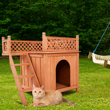 Casita para Perros con Balcón y Escalera Caseta para Mascotas Casa para Conejos Gatos Exterior Natural 66 x 56 x 64 cm