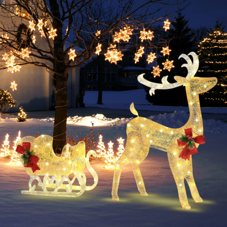 Costway Reno y Trineo de Navidad Iluminados Decoración Navideña de Exterior con 100 Luces Blancas Cálidas para Patio Casa Tienda