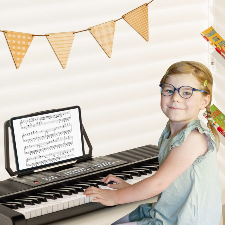 Teclado Electrónico de 61 Teclas con Micrófono Piano Juguete de Aprendizaje Infantil Portátil con Atril Pantalla LED Enseñanza Negro