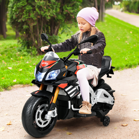 Costway Moto Montable 12 V con Ruedines para Niños Moto Aprilia Eléctrica con Luces Led Música Juguete Montable para Niños de +3 Años Negro