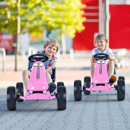 Costway Go Kart de Pedales Montable para Niños Conducción en Exterior con Asiento Regulable Embrague Freno de Mano Rosa