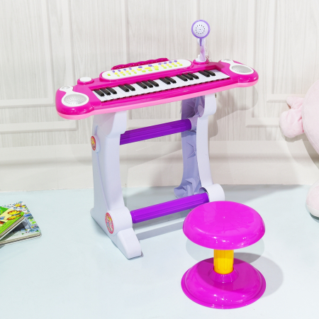 Piano Electrónico para Niños con 37 Teclas Micrófono y Taburete Función Grabación y Reproducción Rosa 57 x 28 x 45,5 cm