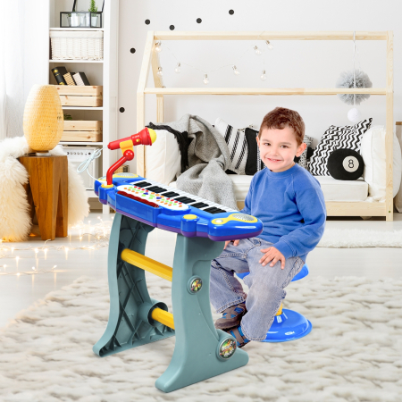 Piano Electrónico para Niños con 37 Teclas Micrófono y Taburete Función Grabación y Reproducción Azul 57 x 28 x 45,5 cm