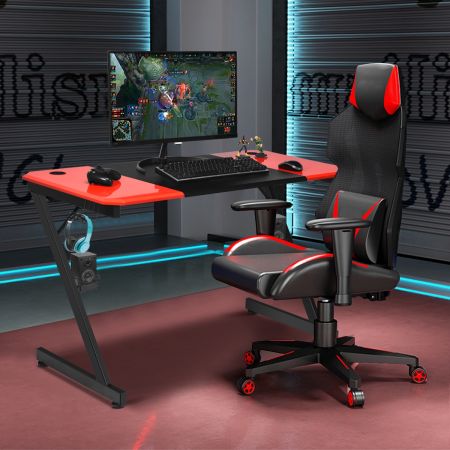 Costway Escritorio de Gaming con Superficie en Fibras de Carbono con Forma de Z para Ordenador para Casa Oficina Negro + Rojo 120 x 60 x 76 cm