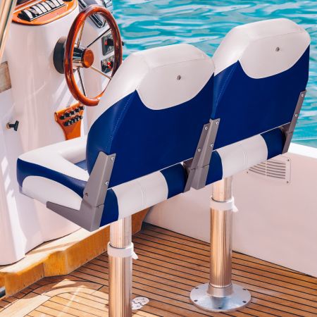 Costway Set de 2 Sillas Plegables para Barco con Respaldo Bajo Tira de Fijación Asiento Yate Ergonómicos con Espuma 50 x 42 x 52 cm Azul y Blanco