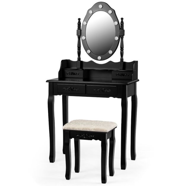 Costway Set Tocador con Espejo Ovalado y 10 Bombillas LED Patas de Madera  de Pino y Almohadillas Antideslizantes Negro 75 x 40 x 146 cm