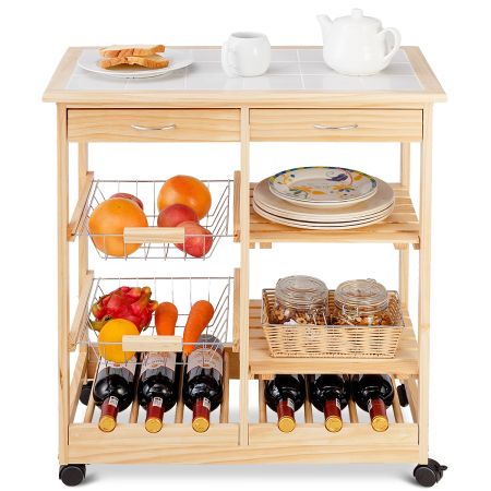 Carro de Cocina con Ruedas Carrito de Comedor con Estante para Vinos Cesta para Comida Organizador