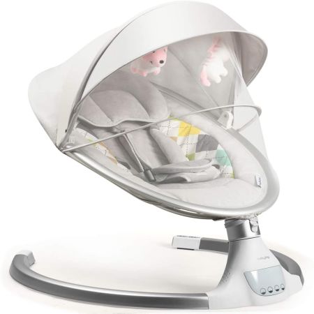 Costway Silla Mecedora Eléctrica con Techo Removible Mosquitera 5 Amplitudes y 3 Funciones Temporizador para Bebés 0-6 Meses Beige