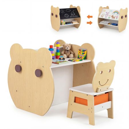Mesa y silla infantil 3 en 1 con diseño de oso, pizarra doble cara y cajón de tela, ideal para actividades creativas.