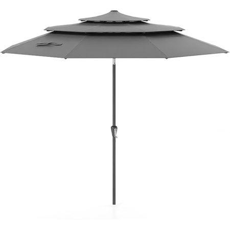 3m Sombrilla de Patio Ventilada de 3 Niveles Sombrilla de Mercado Grande con Botón de Inclinación Manivela 8 Costillas Parasol de Mesa Gris