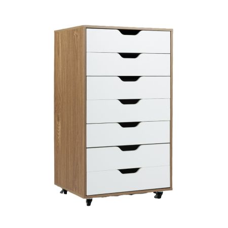 Armario de Almacenaje de 7 Cajones  Organizador de Archivos Móvil con 4 Ruedas Universales Archivador Vertical de Madera con Ruedas Natural