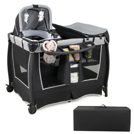 Cuna Bebé 6 en 1 Centro de Cuidado para Bebés Parque de Juegos Portátil para Bebés con Moisés Cambiador Dosel Juguetes Caja de Música Gris