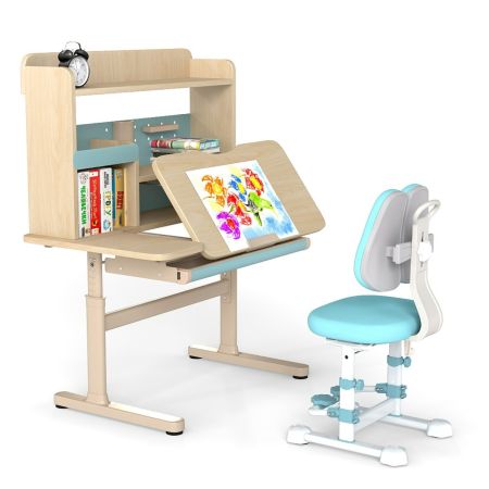 Juego de Escritorio y Silla Infantil con Estantería y Cajón Superficie Inclinable Silla Altura Respaldo Ajustables Estantes Atril Auzl