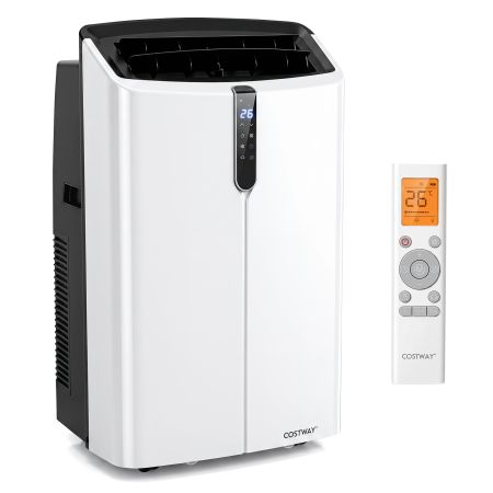 Aire acondicionado portátil 12000BTU en color blanco con control remoto, ideal para frío, calor y deshumidificación.