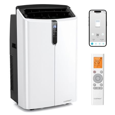 Aire acondicionado portátil de 14000 BTU con funciones de frío, calor, deshumidificación y control remoto para comodidad todo el año.