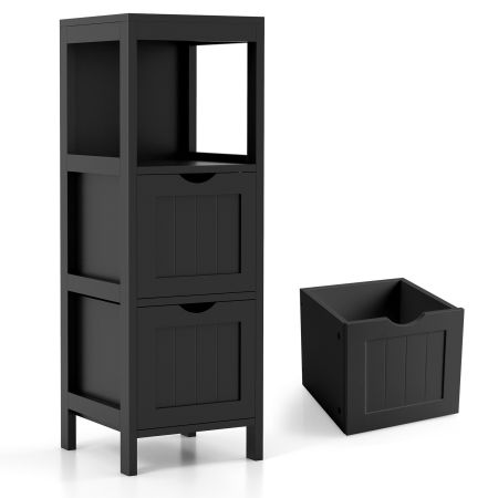 Armario de suelo negro para baño con estante abierto y 2 cajones extraíbles, perfecto para el almacenamiento eficiente en espacios pequeños.