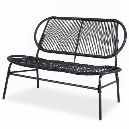 Banco de jardín para 2 personas con asiento de ratán PE y estructura metálica, ideal para terrazas y patios.