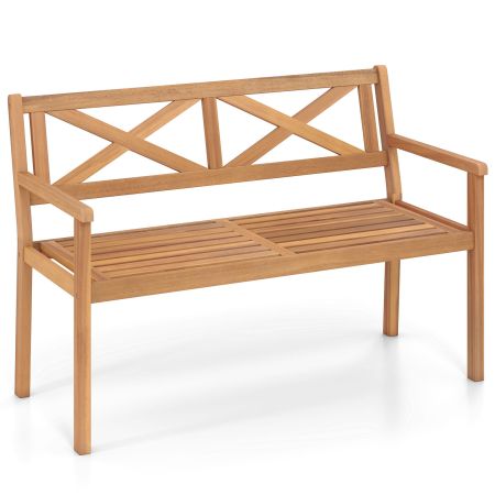 Banco de jardín de acacia de 2 plazas con respaldo y reposabrazos, ideal para patios y terrazas, 56x119x80cm.