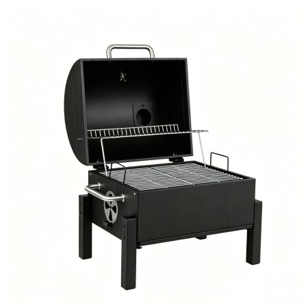 Parrilla barbacoa portátil de carbón con tapa, rejillas ajustables y termómetro, ideal para asar carne y verduras.