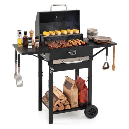 Parrilla de carbón portátil con ruedas, termómetro, 2 mesas laterales y amplia superficie de cocción para camping y picnic.
