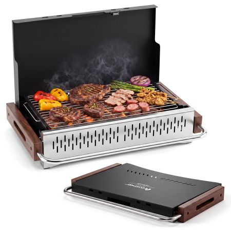 Barbacoa de carbón portátil con rejilla ajustable y ventilación, ideal para cocinar en jardín o acampada.
