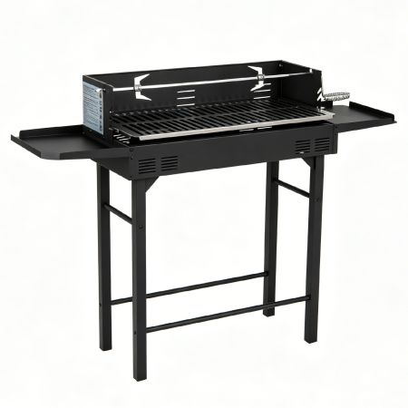 Barbacoa de carbón rectangular con rejilla ajustable de 73 x 34 cm y mesas laterales, ideal para camping y picnics.