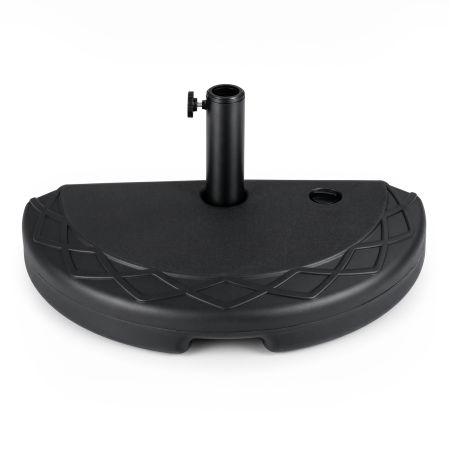 Base semicircular para sombrilla de 20 kg, fabricada en HDPE, rellenable con agua o arena, ideal para jardines y terrazas.