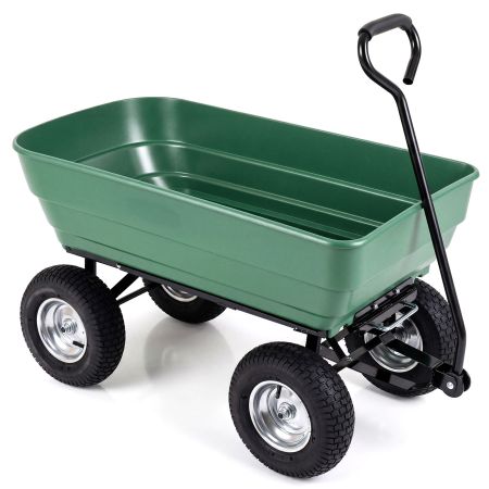Carretilla de jardín basculante verde de 125L con mango ajustable y 4 ruedas grandes para transporte versátil.