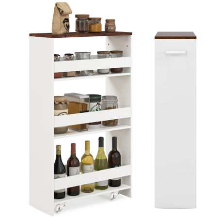 Carrito Delgado de cocina blanco y nogal con 4 niveles, ruedas bloqueables y barandillas, ideal para maximizar el espacio.