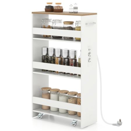 Carrito delgado de 20 cm en blanco y natural con 4 niveles, ruedas bloqueables y estación de carga, ideal para cocinas.