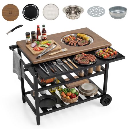 Carrito de barbacoa con parrilla y bandeja de aluminio, ideal para picnics y fiestas al aire libre, con estantes y ruedas.
