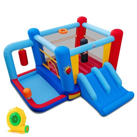Castillo inflable con toboganes dobles, bolsa de boxeo y piscina de pelotas, ideal para niños de 3 a 12 años.