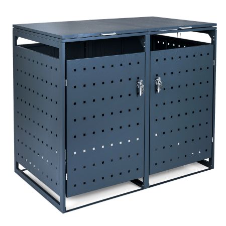 Cobertizo metálico para 2 cubos de basura con puertas bloqueables y tapas abatibles, ideal para patio o jardín.