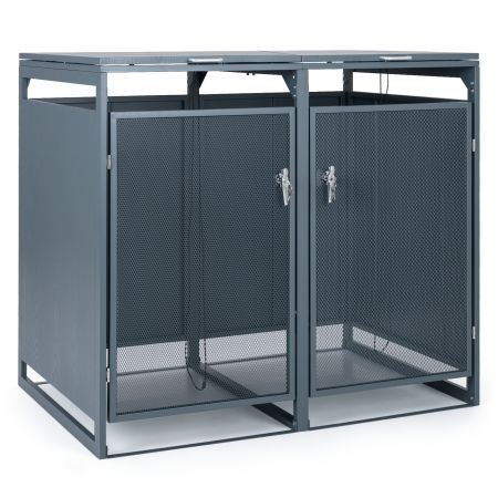 Cobertizo metálico gris oscuro para dos cubos de basura, con puertas de malla y cierre seguro, ideal para jardín o.