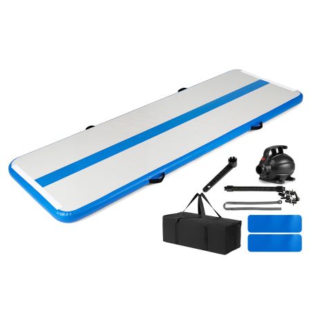 Colchoneta de gimnasia hinchable azul con bomba eléctrica y bolsa de transporte, ideal para fitness y yoga.