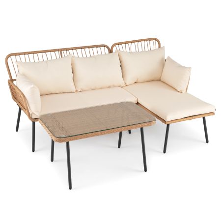Sofá de 2 plazas y tumbona de ratán PE con mesa de vidrio templado, ideal para patio o terraza, incluye cojines.