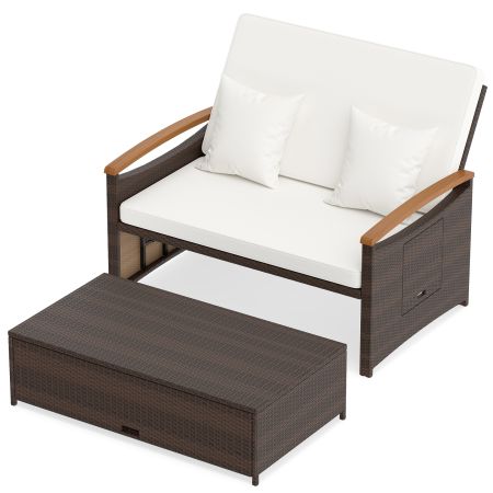 Sofá cama de ratán PE con otomana de almacenamiento y respaldo ajustable, ideal para jardín o piscina con comodidad personalizada.